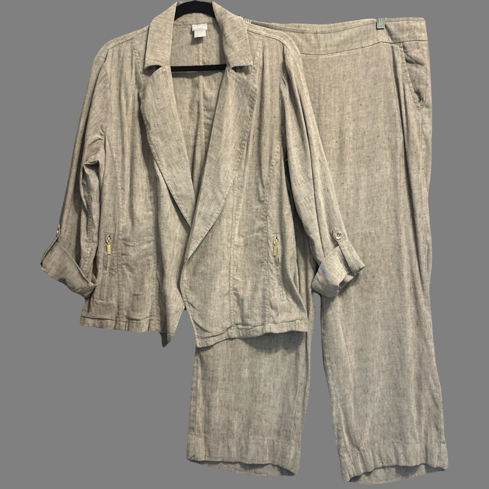 Chico's Linen Blend Summer Suit Set Open Blazer Pants Size 2 (US 12) Gray Office